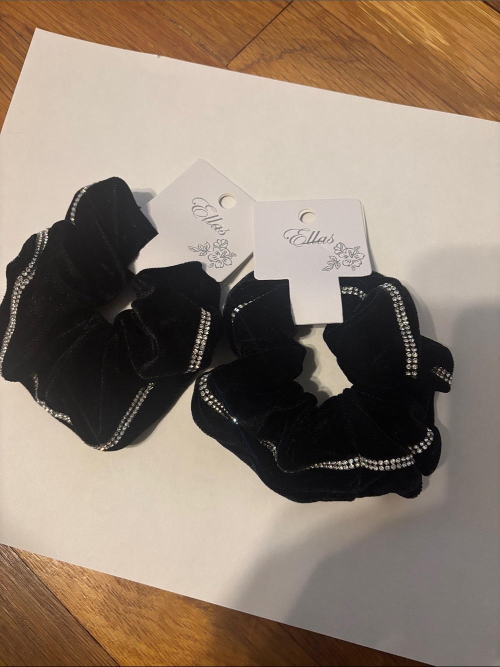 Ella Black Velvet Rhinestone Trim Scrunchie Duo